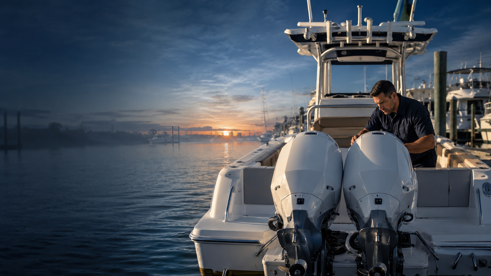 Marine technician servicing twin outboard motors at a marina